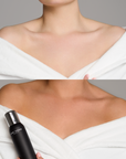 Avant et après sur le décolleté, femme tenant le Spray Autobronzant Hyaluronique Marc Inbane