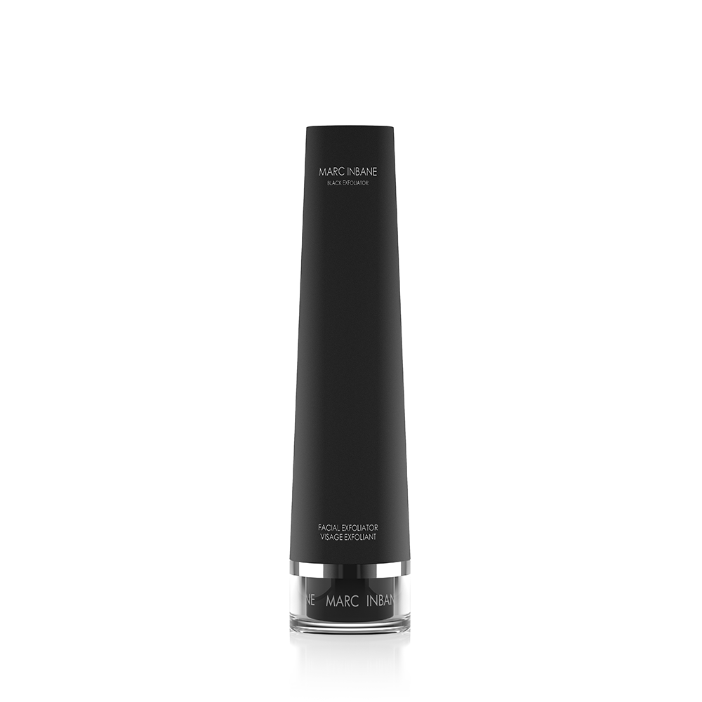 Flacon noir conique de l'Exfoliant Noir Marc Inbane, seul sur fond blanc