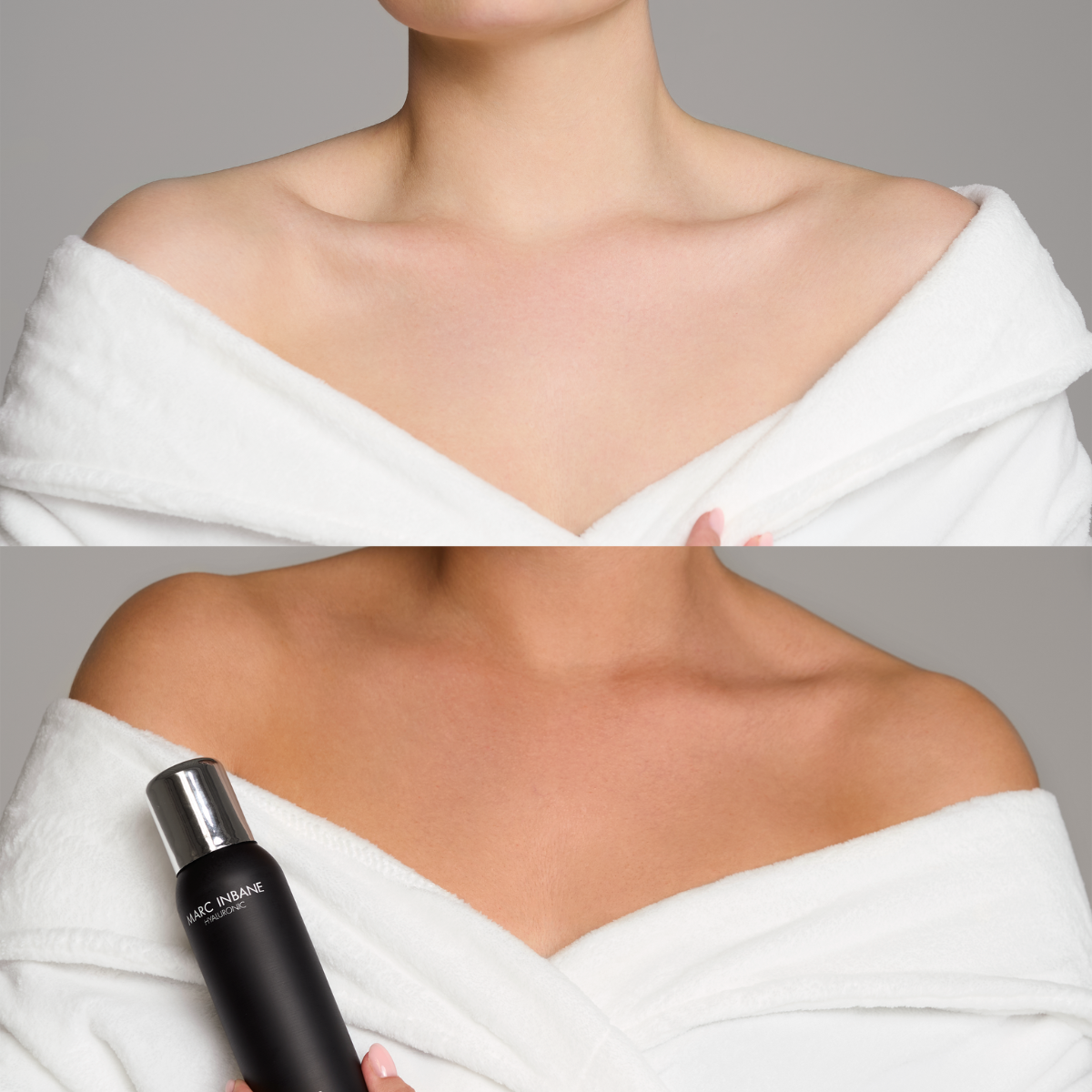Avant et après sur le décolleté, femme tenant le Spray Autobronzant Hyaluronique Marc Inbane