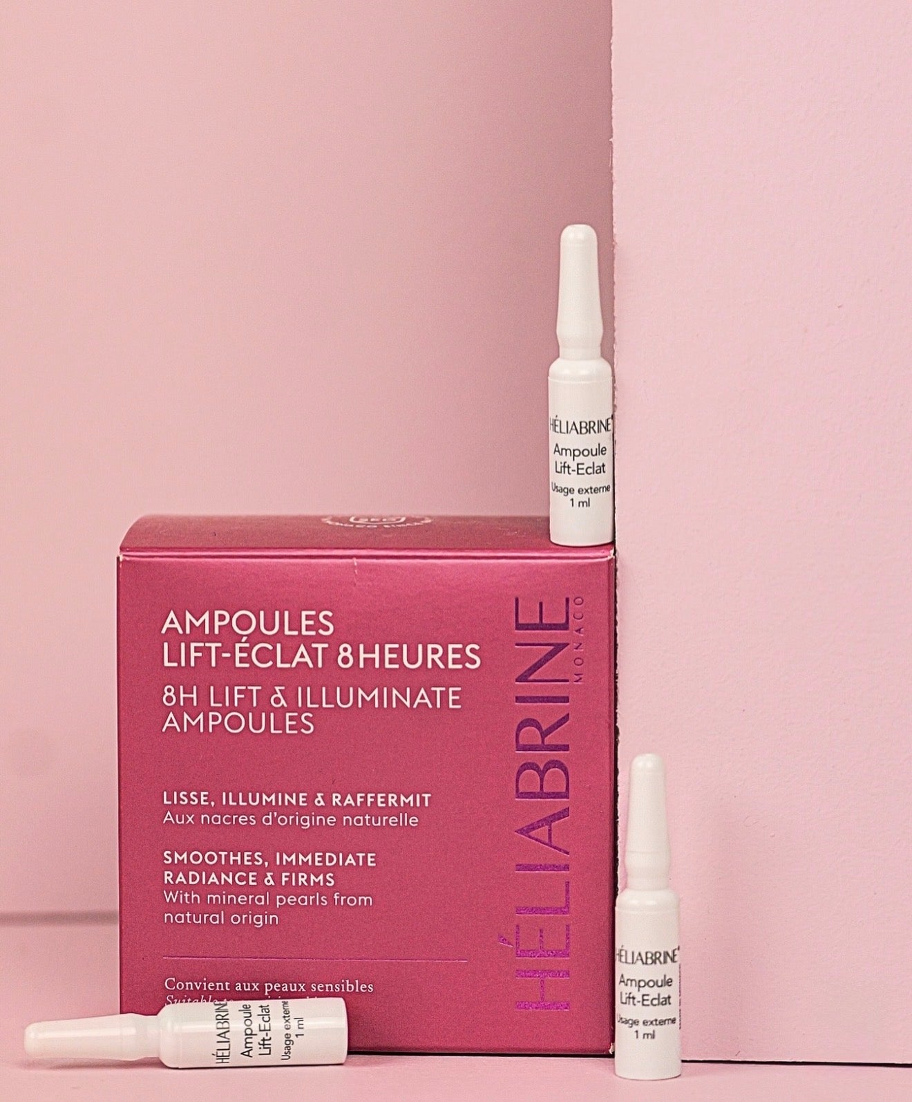 Coffret des Ampoules Lift-Éclat 8 Heures Héliabrine avec trois ampoules de 1 ml