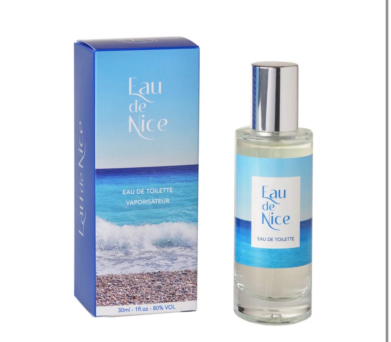 Eau de Nice 30 ml, flacon vaporisateur et sa boîte bleue, eau de toilette format voyage