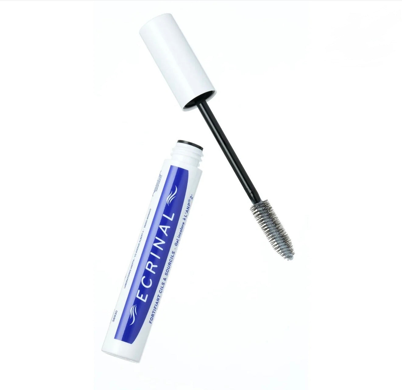 Gel Fortifiant Cils et Sourcils Ecrinal, tube bleu ouvert avec sa brosse applicatrice