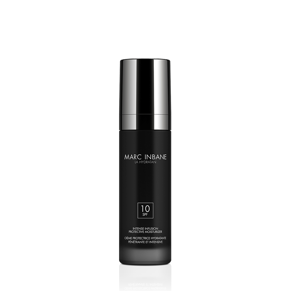 Flacon pompe noir La Hydratan de Marc Inbane, crème de jour, vu de face
