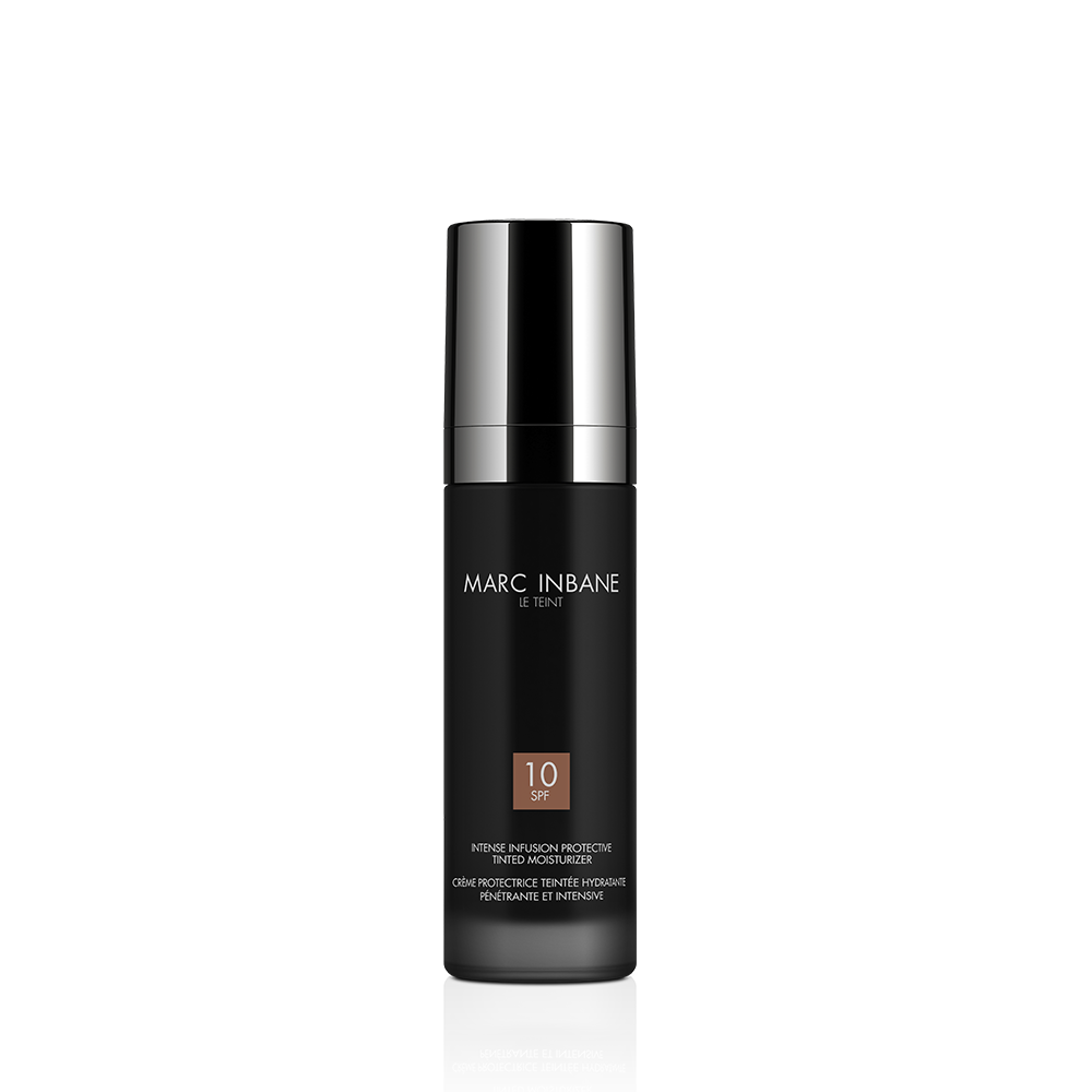 Flacon pompe noir Le Teint de Marc Inbane, crème de jour teintée, vu de face