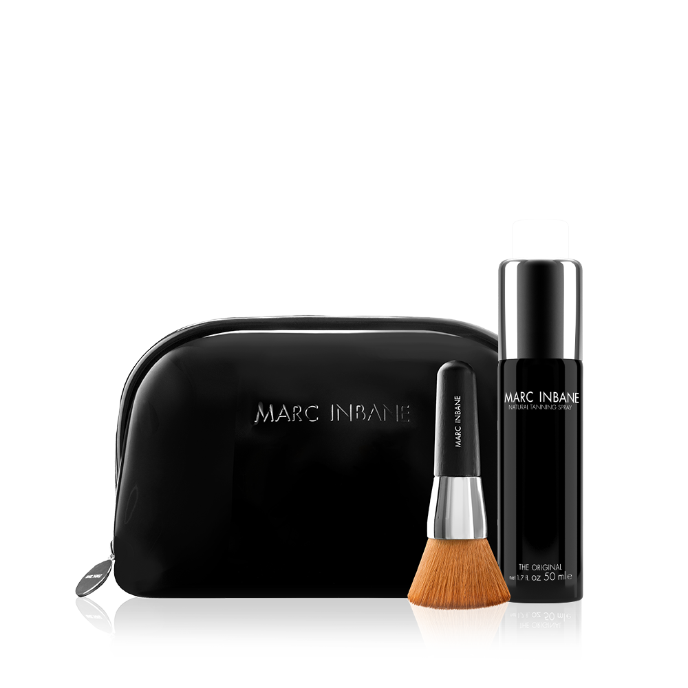 Trousse de Voyage Marc Inbane : spray 50 ml, pinceau kabuki et pochette noire vernie